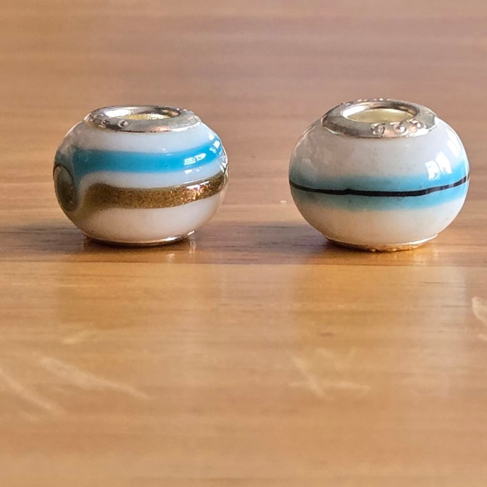 Murano Glass 925 Silver Charm Bracelet Bead Spacer Silvertone White Blue Striped